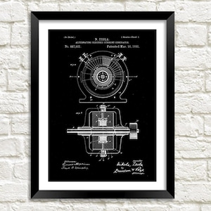 May include: Black and white patent drawing of Nikola Tesla's alternating electric current generator, patent number 447,921, patented March 10, 1901.