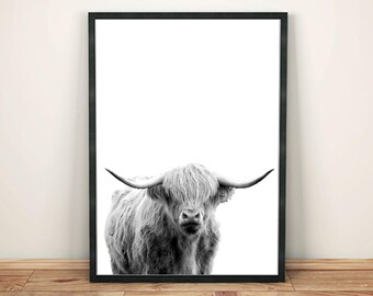 Highland Cow Print: Minimalist Black and White Animal Art Poster
