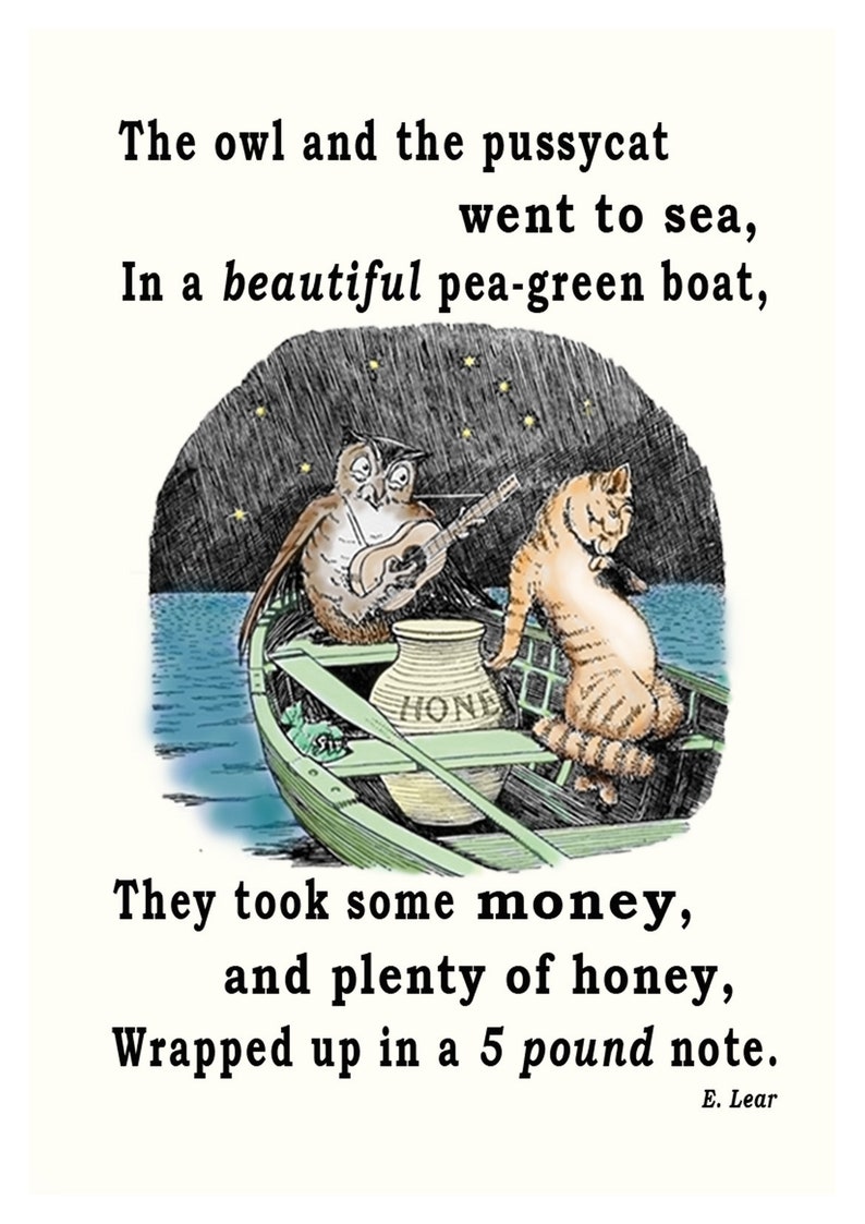 Poetry Print Owl and Pussycat Poem Art Illustration Etsy