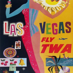 Op de afbeelding: Een vintage reisposter die reclame maakt voor een reis naar Las Vegas. De poster toont een vrouw in een gestreept badpak, een zon met een zonnebril en de tekst "LAS VEGAS FLY TWA".