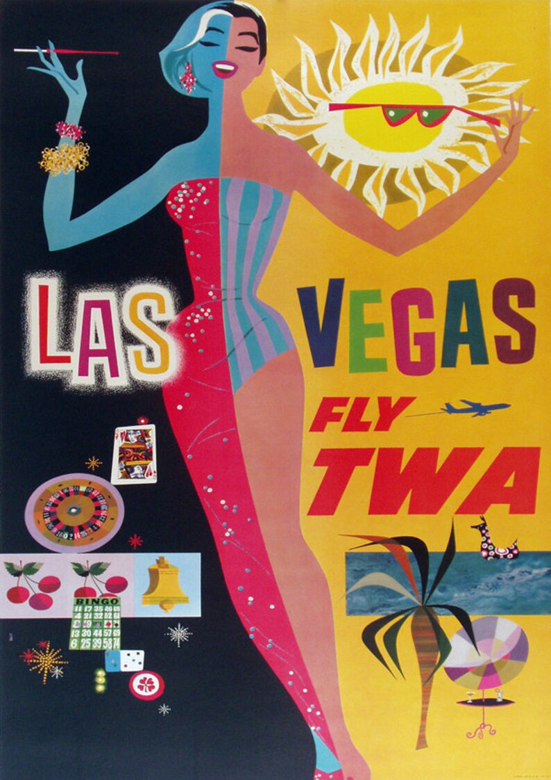 Op de afbeelding: Een vintage reisposter die reclame maakt voor een reis naar Las Vegas. De poster toont een vrouw in een gestreept badpak, een zon met een zonnebril en de tekst "LAS VEGAS FLY TWA".