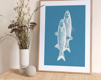 Pescados-afdruk: blauwe en witte viskunstposter