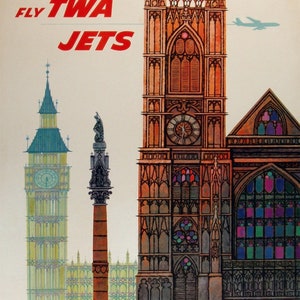 以下が含まれることがあります： TWAジェットを宣伝するビンテージの旅行ポスターで、"Fly TWA Jets"と"LONDON"という文字が紫色の文字で書かれています。ポスターには、ビッグベン、2頭のライオンのいる柱、ウェストミンスター寺院のカラフルなイラストが描かれています。