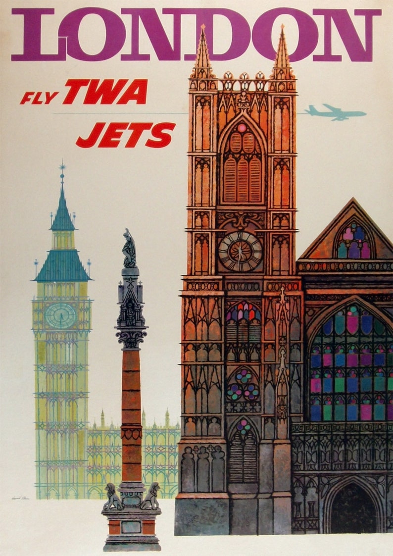 以下が含まれることがあります： TWAジェットを宣伝するビンテージの旅行ポスターで、"Fly TWA Jets"と"LONDON"という文字が紫色の文字で書かれています。ポスターには、ビッグベン、2頭のライオンのいる柱、ウェストミンスター寺院のカラフルなイラストが描かれています。