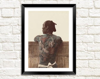 Japanese Tattoo Print: Vintage Samurai Portrait Photograph Art