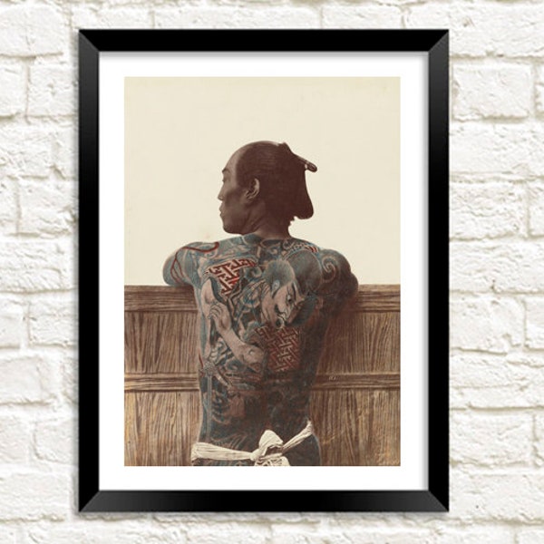 Japanese Tattoo Print: Vintage Samurai Portrait Photograph Art