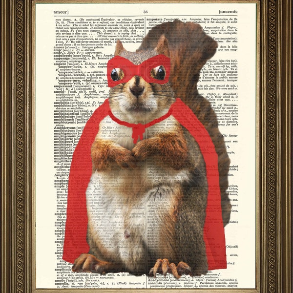 Eichhörnchen Druck: Tier Superhelden Kunst, gedruckt auf Vintage Wörterbuch Seiten