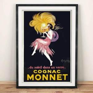 Impressão Cognac Monnet: Cartaz publicitário de bebidas francesas vintage
