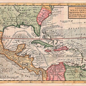 May include: A vintage map of the West Indies and Mexico, New Spain, with a title "A Map of the West Indies &c. Mexico & New Spain." The map is divided into sections with different colors, including green, red, orange, and yellow. The map includes the names of various islands, cities, and geographical features.
