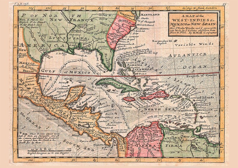 May include: A vintage map of the West Indies and Mexico, New Spain, with a title "A Map of the West Indies &c. Mexico & New Spain." The map is divided into sections with different colors, including green, red, orange, and yellow. The map includes the names of various islands, cities, and geographical features.