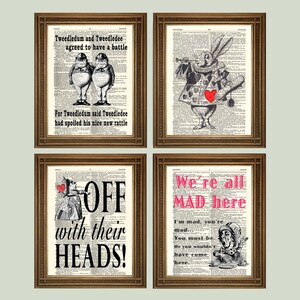 Alice in Wonderland Prints: Lewis Carol Themed Art, Printed on Vintage Dictionary Pages