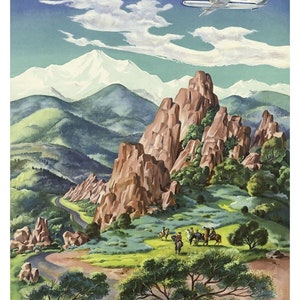 May include: A vintage travel poster advertising Colorado with a United Airlines aeroplane flying over a mountain range with red rock formations and a winding road. The poster features the text "COLORADO" and "UNITED AIR LINES".