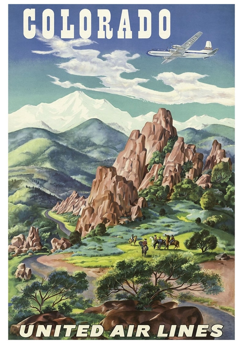 May include: A vintage travel poster advertising Colorado with a United Airlines aeroplane flying over a mountain range with red rock formations and a winding road. The poster features the text "COLORADO" and "UNITED AIR LINES".