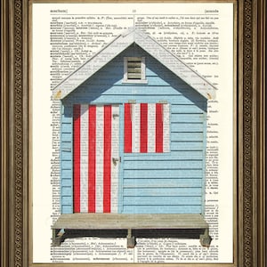 Beach Hut Print: Seaside Art, Printed on Vintage Dictionary Pages