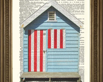 Beach Hut Print: Kunst am Meer, gedruckt auf Vintage-Wörterbuch-Seiten