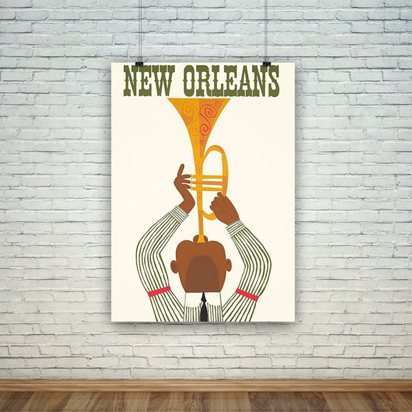 New Orleans Poster: Vintage Jazz Trumpeter Travel Print