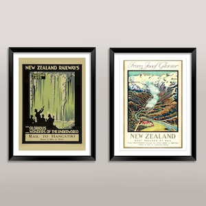 New Zealand Prints: Waitomo Caves, Franz Josef Glacier, Wanaka Railway Train Travel Posters