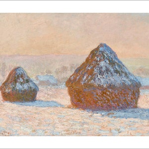 May include: Two large haystacks covered in snow sit in a field against a pale pink and blue sky. The haystacks are brown and the snow is white and blue. The field is white and the sky is a soft pink and blue.