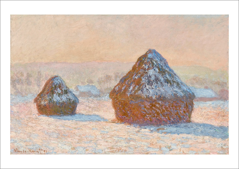 May include: Two large haystacks covered in snow sit in a field against a pale pink and blue sky. The haystacks are brown and the snow is white and blue. The field is white and the sky is a soft pink and blue.