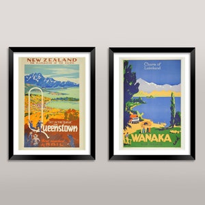 Impresiones de Nueva Zelanda: carteles de viajes antiguos del monte Cook, Wanaka y Queenstown