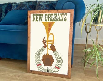New Orleans Poster: Vintage Jazz Trumpeter Travel Print