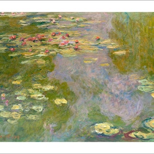 May include: A painting of a pond with water lilies. The water is a light blue and green color, and the lilies are pink and white. The painting is done in a style that is typical of Impressionism.