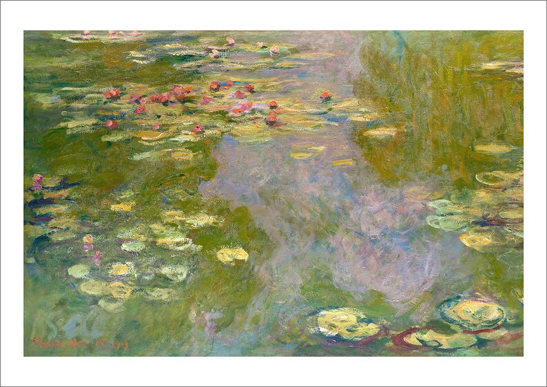 May include: A painting of a pond with water lilies. The water is a light blue and green color, and the lilies are pink and white. The painting is done in a style that is typical of Impressionism.