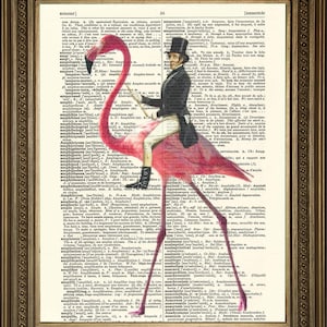 Surreal Print: Man Riding Flamingo Art, Printed on Vintage Dictionary Page