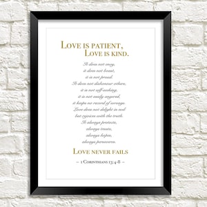 Liefde is geduldig Print: Corinthians Bijbel Vers Bruiloft Geloften Kunst