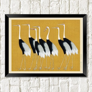 Japanese Cranes Print: Vintage Bird Art Illustration, Golden Brown