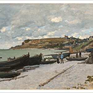 May include: A painting of a seascape with a cloudy sky and a village on a hill in the background.  There are several boats on the beach in the foreground.