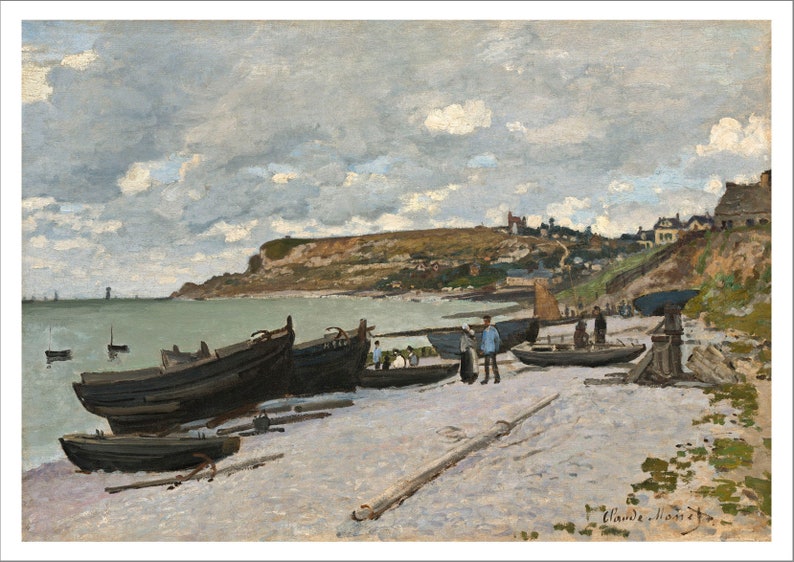 May include: A painting of a seascape with a cloudy sky and a village on a hill in the background.  There are several boats on the beach in the foreground.