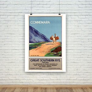 May include: A vintage travel poster advertising Connemara, Ireland, with a man riding a horse on a dirt road with a mountain in the background. The poster is for the Great Southern Railways.