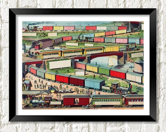 Train Poster: Zig Zag Passenger and Freight Trains Railway Print