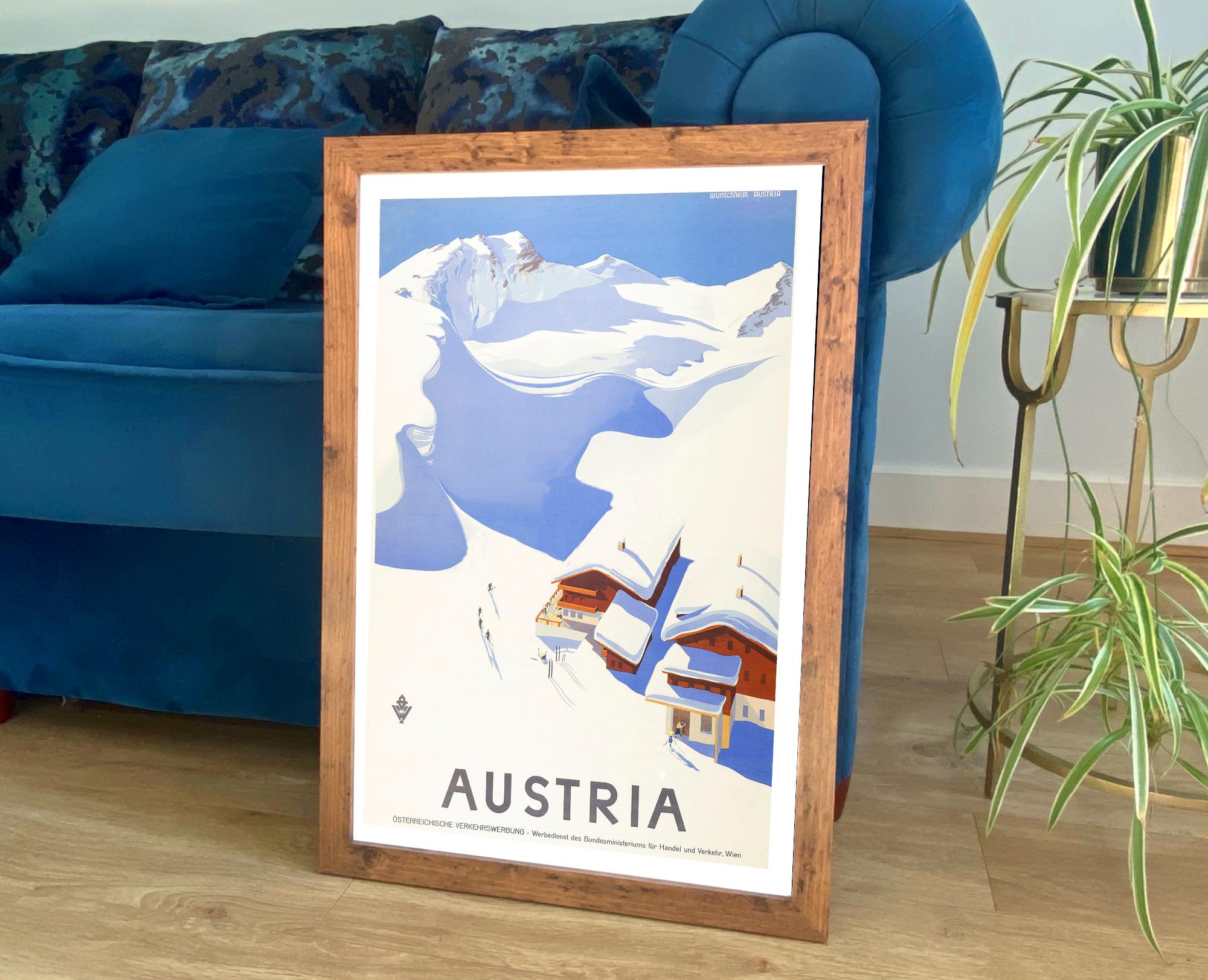Austria Print: Snowy Mountain Vintage Ski Travel Poster