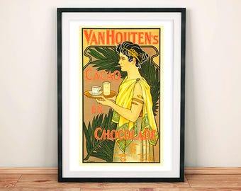 Impressão de chocolate quente: Poster Vintage Van Houten Art Déco