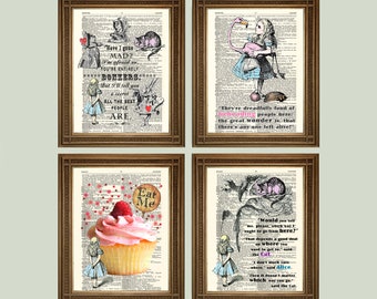 Alice in Wonderland Prints: Tenniel Looking GlassThemed Art, Printed on Vintage Dictionary Pages
