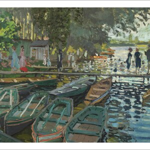 May include: A painting depicting a scene of people enjoying a summer day at a lake.  There are several green rowboats docked at a wooden pier.  People are swimming in the water and standing on the pier.  The trees in the background are green and lush.