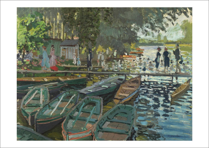 May include: A painting depicting a scene of people enjoying a summer day at a lake.  There are several green rowboats docked at a wooden pier.  People are swimming in the water and standing on the pier.  The trees in the background are green and lush.
