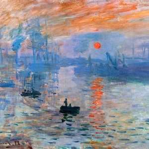 May include: A painting of a sunrise over a harbor with a red sun and a boat in the water. The sky is a mix of orange, pink, and blue, and the water is a light blue. The painting is done in a style that is reminiscent of Impressionism.