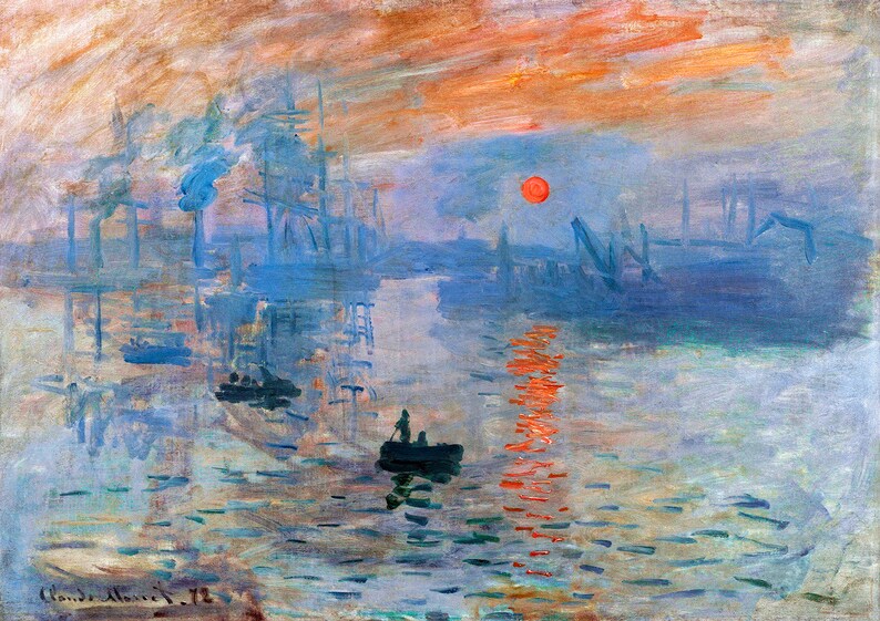 May include: A painting of a sunrise over a harbor with a red sun and a boat in the water. The sky is a mix of orange, pink, and blue, and the water is a light blue. The painting is done in a style that is reminiscent of Impressionism.