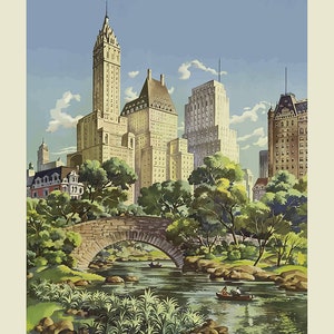May include: A vintage travel poster featuring a view of New York City with skyscrapers and a bridge over a river in Central Park. The poster has a blue sky with white clouds and green trees. The text "New York" is in white letters at the top of the poster.