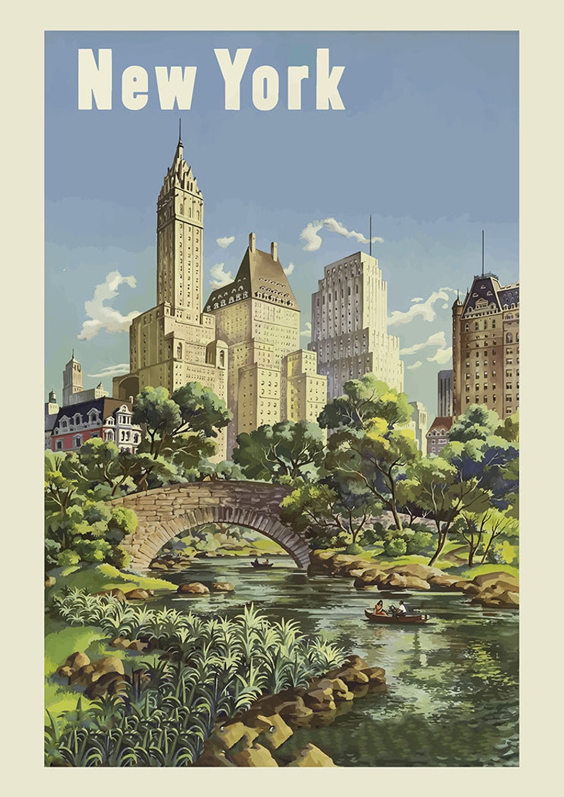 May include: A vintage travel poster featuring a view of New York City with skyscrapers and a bridge over a river in Central Park. The poster has a blue sky with white clouds and green trees. The text "New York" is in white letters at the top of the poster.