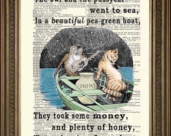 Owl and Pussycat Print: Fun Edward Lear Wedding Poem Art, Printed on Vintage Dictionary Pages