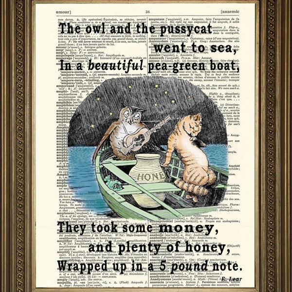 Owl and Pussycat Print: Fun Edward Lear Wedding Poem Art, Printed on Vintage Dictionary Pages