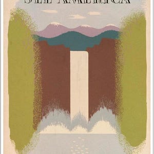 Op de afbeelding: Vintage reisposter met de tekst "See America" en "Visit the National Parks" met een gestileerde afbeelding van een waterval en bergen op de achtergrond.