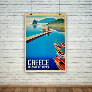 May include: Vintage travel poster for Greece, featuring a blue and green landscape with a small island and a church. The text "GREECE ISLAND OF CORFU" is at the bottom of the poster.