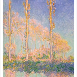 May include: A painting of a landscape with three tall trees in the foreground. The trees are painted in a light yellow color with hints of pink and orange. The background is a soft blue sky with a hazy, light pink and yellow landscape.