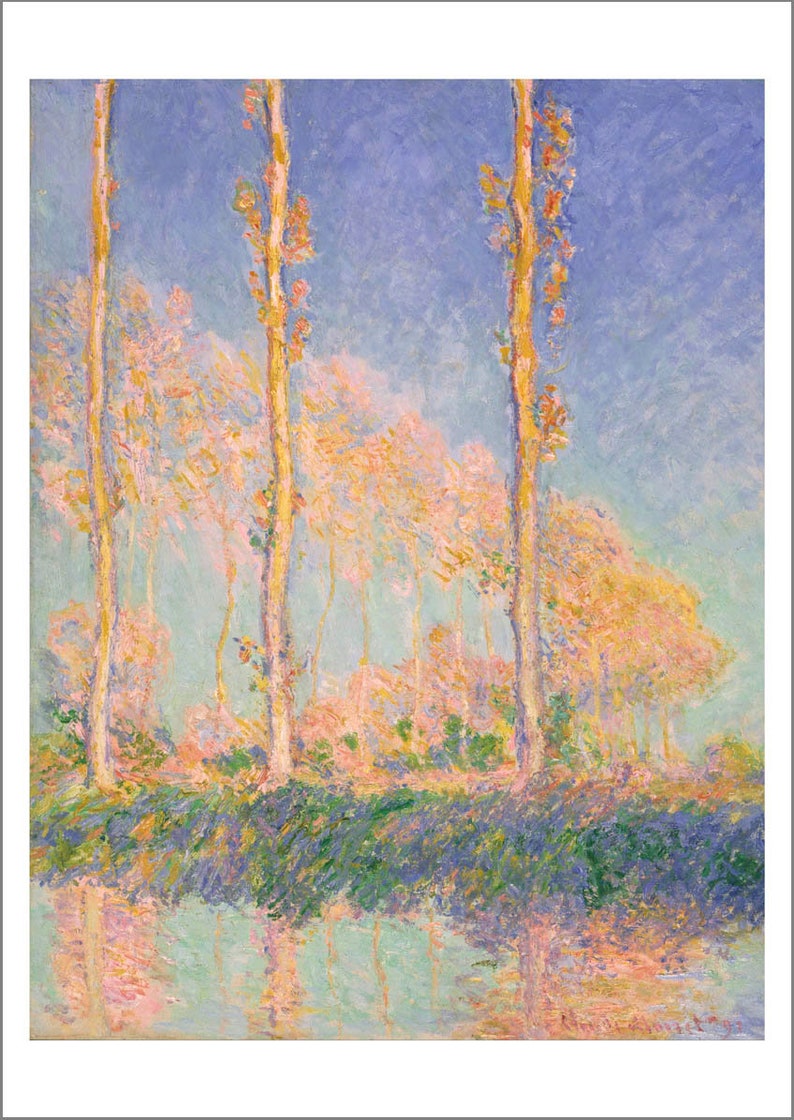 May include: A painting of a landscape with three tall trees in the foreground. The trees are painted in a light yellow color with hints of pink and orange. The background is a soft blue sky with a hazy, light pink and yellow landscape.