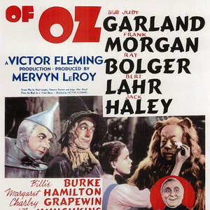 May include: A vintage movie poster for "The Wizard of Oz" featuring Judy Garland, Ray Bolger, Bert Lahr, Jack Haley, and Frank Morgan. The poster is in red, black, and yellow with a white background. The poster features a photo of the four main characters from the film.